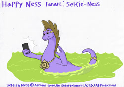 Size: 1070x747 | Tagged: safe, artist:tektalox, loch ness monster, selfish ness (happy ness), monster, feral, happy ness: the secret of the loch, 2d, front view, iphone, male, partially submerged, pun, purple body, selfie, solo, solo male, three-quarter view