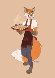 Size: 778x1100 | Tagged: safe, artist:multyashka-sweet, oc, oc only, canine, fox, mammal, red fox, anthro, digitigrade anthro, 2020, apron, cheek fluff, clothes, cookie, digital art, fluff, food, front view, fur, gingerbread cookie, gloves, happy, head fluff, heat resistant gloves, looking sideways, male, open mouth, orange body, orange fur, oven gloves, paws, plate, signature, simple background, solo, solo male, steam, three-quarter view, tongue, whiskers, white body, white fur