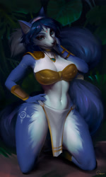 Size: 1800x3000 | Tagged: safe, alternate version, artist:guppic, krystal (star fox), canine, fox, mammal, anthro, nintendo, star fox, 2021, belly button, big tail, black nose, blue body, blue eyes, blue fur, blue hair, breasts, cheek fluff, clothes, detailed background, dipstick tail, ear fluff, elbow pads, eyebrows, eyelashes, female, fluff, fur, hair, hairband, hand on cheek, hand on hip, head jewelry, high res, hip fluff, jewelry, jungle, kneeling, loincloth, looking at you, midriff, outdoors, pendant, plant, short hair, shoulder pads, signature, smiling, solo, solo female, tail, tail fluff, tail jewelry, tail ring, topwear, tribal markings, vixen, white body, white fur, wide hips