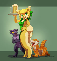 Size: 1200x1277 | Tagged: suggestive, artist:sefeiren, bear, fictional species, kobold, mammal, reptile, anthro, alcohol, apron, beer, breasts, butt, clothes, drink, female, fur, green eyes, group, horns, mug, naked apron, nudity, open mouth, partial nudity, scar, size difference, small breasts, standing, tail, tongue, tongue out, trio, yellow body, yellow fur