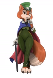 Size: 1500x2200 | Tagged: safe, artist:diacordst, canine, fox, mammal, anthro, digitigrade anthro, disney, pinocchio (disney), 2020, black nose, cape, clothes, digital art, eyelashes, female, fur, hair, john worthington foulfellow (pinocchio), looking at you, rule 63, simple background, solo, solo female, tail, thighs, vixen, white background, wide hips