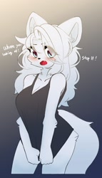 Size: 1170x2048 | Tagged: safe, alternate version, artist:jupiter_europe, oc, oc:blanca, canine, dog, mammal, anthro, blushing, clothes, dialogue, female, looking at you, solo, solo female, talking, tank top, topwear