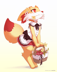 Size: 1440x1800 | Tagged: safe, artist:ancesra, fennekin, fictional species, mammal, anthro, nintendo, pokémon, 2021, 2d, 4 fingers, 4 toes, ambiguous gender, basket, clothes, cute, feet, fingers, flower, flower in hair, flower in mouth, fur, gradient background, hair, hair accessory, holding object, maid outfit, orange body, orange fur, plant, red body, red eyes, red fur, simple background, solo, solo ambiguous, starter pokémon, text, uniform