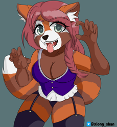 Size: 1000x1093 | Tagged: safe, artist:xiongshan, mammal, red panda, anthro, big breasts, bottomwear, breasts, brown body, brown fur, cleavage, clothes, corset, ear fluff, female, fluff, fur, gloves (arm marking), green eyes, legwear, lingerie, orange body, orange fur, skirt, solo, solo female, solo focus, teeth, thick thighs, thighs, tongue, tongue out, topwear, underwear, white body, white fur