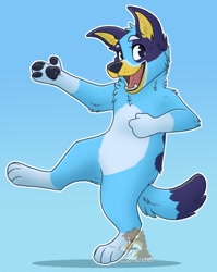Size: 1018x1280 | Tagged: safe, artist:superathena, bluey heeler (bluey), australian cattle dog, canine, dog, mammal, semi-anthro, bluey (series), blue body, blue fur, cute, female, front view, fur, gradient background, looking at you, open mouth, paw pads, paws, solo, solo female, tail, three-quarter view