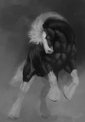 Size: 977x1400 | Tagged: safe, artist:dimonis, oc, oc only, oc:hidalgo, equine, horse, mammal, feral, lifelike feral, 2021, abstract background, animal genitalia, balls, black body, black fur, digital art, front view, fur, grayscale, hair, hooves, male, mane, monochrome, muscles, non-sapient, nudity, realistic, rearing, sheath, sheathed, signature, solo, solo male, stallion, unshorn fetlocks, white body, white fur, white hair