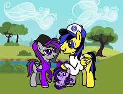 Size: 7102x5412 | Tagged: safe, artist:mrstheartist, oc, oc only, oc x oc, oc:ponyseb 2.0, oc:ruby belle, oc:viola love, equine, fictional species, mammal, pegasus, pony, feral, friendship is magic, hasbro, my little pony, absurd resolution, baby, base used, cap, clothes, couple, female, foal, group, hat, hoodie, looking at each other, male, male/female, outdoors, parent:oc: ponyseb 2.0, parent:oc:viola love, parents, parents:oc x oc, parents:violaseb (oc), river, shipping, stallion, topwear, tree, trio, violaseb (oc), water, young