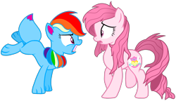 Size: 3104x1783 | Tagged: safe, artist:muhammad yunus, rainbow dash (mlp), oc, oc only, oc:annisa trihapsari, oc:rainbow eevee, earth pony, eevee, eeveelution, equine, fictional species, hybrid, mammal, pokémon pony, pony, feral, friendship is magic, hasbro, my little pony, nintendo, pokémon, angry, base used, blue body, duo, female, hair, magenta eyes, mare, medibang paint, messy mane, open mouth, pink body, pink eyes, pink hair, rainbow hair, simple background, tail, transparent background, vector, wide eyes