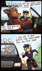 Size: 713x1200 | Tagged: safe, artist:tirrel, oc, oc only, oc:tirrel, cervid, cheetah, deer, feline, mammal, anthro, antlers, bell, blue eyes, bottomwear, brown hair, car, cheek fluff, chest fluff, clothes, collar, comic, countershading, driving, duo, female, fluff, funny, fur, green eyes, gun, hair, hat, holster, hoof fingers, male, pants, partial nudity, police, police uniform, running, shirt, spotted fur, text, topless, topwear, vehicle, vulgar, weapon, white body, white fur, yellow body, yellow fur