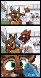 Size: 1078x2048 | Tagged: safe, artist:tirrel, oc, oc only, oc:tirrel, canine, cervid, deer, mammal, anthro, antler grab, antlers, bell, brown body, brown eyes, brown fur, chest fluff, clothes, collar, comic, doctor, duo, earbuds, fluff, funny, fur, gloves, green eyes, holding object, male, stethoscope, talking, tan body, tan fur, text