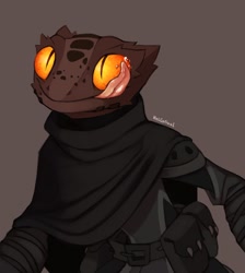 Size: 736x821 | Tagged: character needed, source needed, useless source url, safe, artist:kelcasual, oc, oc only, reptile, anthro, ambiguous gender, armor, belt, brown scales, cloak, clothes, colored sclera, gray background, licking, licking eye, orange sclera, saliva, scales, signature, simple background, slit pupils, solo, solo ambiguous, tongue, tongue out
