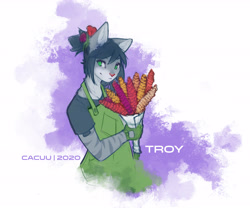 Size: 4480x3720 | Tagged: safe, artist:cacuu, oc, oc only, oc:troy (cacuu), cat, feline, mammal, anthro, abstract background, apron, black hair, clothes, fingerless gloves, flower, flower in hair, fur, gloves, gray body, gray fur, green eyes, hair, hair accessory, holding object, looking sideways, male, signature, smiling, solo, solo male, striped fur, text