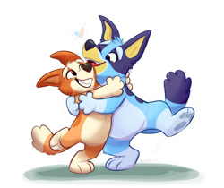 Size: 850x713 | Tagged: safe, artist:orlandofox, bingo heeler (bluey), bluey heeler (bluey), australian cattle dog, canine, dog, mammal, semi-anthro, bluey (series), 2d, arm fluff, blue belly, blue paw pads, cheek fluff, colored tongue, cream belly, cute, duo, duo female, ear fluff, female, females only, fluff, fur, head fluff, heart, hug, leg fluff, multicolored body, multicolored fur, one eye closed, open mouth, open smile, paw pads, paws, puppy, raised leg, red tongue, siblings, simple background, sister, sisters, smiling, tail, tail fluff, teeth, tongue, white background, young