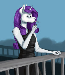 Size: 1534x1776 | Tagged: safe, artist:necromarecy, rarity (mlp), equine, fictional species, mammal, pony, unicorn, anthro, friendship is magic, hasbro, my little pony, anthrofied, cigarette, clothes, dress, female, lidded eyes, smoking, solo, solo female, tired