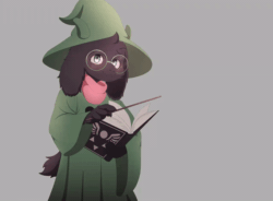 Size: 600x441 | Tagged: safe, artist:segno_nymph, ralsei (deltarune), bovid, goat, mammal, anthro, deltarune, 2d, 2d animation, animated, black body, black fur, blushing, book, clothes, frame by frame, fur, gif, glasses, gray background, green clothing, green eyes, hat, looking at you, magic wand, male, robe, round glasses, simple background, smiling, solo, solo male, wind, wizard hat