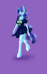Size: 1682x2635 | Tagged: safe, artist:jerraldlina, oc, oc only, oc:untitled work (platinumflames), equine, fictional species, mammal, pony, unicorn, anthro, unguligrade anthro, hasbro, my little pony, adorasexy, anthrofied, bow, breasts, cleavage, clothes, commission, cute, dress, female, frills, hooves, ocbetes, purple background, sexy, simple background, smiling, solo, solo female, walking, water, water bottle, ych result
