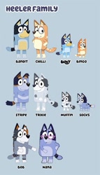 Size: 494x861 | Tagged: source needed, safe, artist:flutteryoshi952, bandit heeler (bluey), bingo heeler (bluey), bluey heeler (bluey), bob heeler (bluey), chilli heeler (bluey), chris heeler (bluey), muffin heeler (bluey), socks heeler (bluey), stripe heeler (bluey), trixie heeler (bluey), australian cattle dog, canine, dog, mammal, feral, semi-anthro, bluey (series), aunt, aunt and niece, blue background, cousins, daughter, family, father, father and child, father and daughter, female, glasses, grandfather, grandfather and granddaughter, grandmother, grandmother and granddaughter, grandmother and grandfather, grandparent and grandchild, grandparents, group, husband, husband and wife, male, mother, mother and daughter, mother and father, niece, on model, parents, puppy, siblings, simple background, sister, sisters, uncle, uncle and niece, wife, young