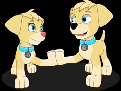 Size: 1280x956 | Tagged: safe, artist:skolpion, ella (paw patrol), tuck (paw patrol), canine, dog, golden retriever, mammal, feral, nickelodeon, paw patrol, 2019, black background, black nose, brother, brother and sister, collar, duo, ears, female, fur, hair, looking at each other, looking at you, male, open mouth, pink nose, siblings, simple background, sister, tail, tongue, twins