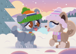 Size: 880x625 | Tagged: safe, artist:jessie_park, rocky (paw patrol), canon x oc, oc, canine, dog, husky, mammal, mutt, feral, nickelodeon, paw patrol, 2019, 2d, 2d animation, animated, beanie, black nose, collar, duo, ears, female, fur, gif, looking at each other, male, open mouth, shipping, snow, snowfall, tail, tail wag, tongue, tongue out