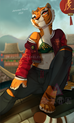 Size: 607x1000 | Tagged: safe, artist:skeleion, master tigress (kung fu panda), big cat, feline, mammal, tiger, anthro, dreamworks animation, kung fu panda, 2021, black nose, claws, clothes, colored pupils, colored sclera, ears, female, fur, paws, red eyes, red pupils, solo, solo female, striped fur, tail, tigress, yellow sclera