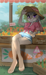 Size: 613x1000 | Tagged: safe, artist:skeleion, judy hopps (zootopia), lagomorph, mammal, rabbit, anthro, disney, zootopia, 2020, bottomwear, breasts, carrot, clothes, crop top, digital art, female, food, fur, gray body, gray fur, hat, looking at you, outdoors, purple eyes, shirt, short shorts, shorts, solo, solo female, topwear, vegetables, watermark