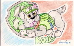 Size: 1065x663 | Tagged: safe, artist:silversimba01, rocky (paw patrol), dog, mammal, mutt, feral, nickelodeon, paw patrol, 2014, bag, black nose, cap, clothes, collar, ears, fur, hat, looking at you, male, open mouth, simple background, solo, solo male, tail, tongue, tongue out, topwear, traditional art, vest