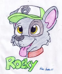 Size: 780x933 | Tagged: safe, artist:silversimba01, rocky (paw patrol), dog, mammal, mutt, feral, nickelodeon, paw patrol, 2014, black nose, bust, cap, clothes, collar, ears, fur, hat, looking at you, male, open mouth, portrait, simple background, solo, solo male, tongue, tongue out, traditional art, white background