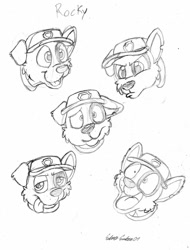 Size: 972x1280 | Tagged: safe, artist:silversimba01, rocky (paw patrol), dog, mammal, mutt, feral, nickelodeon, paw patrol, 2014, black nose, bust, cap, clothes, collar, ears, fur, hat, looking at you, male, monochrome, open mouth, portrait, simple background, solo, solo male, tongue, tongue out, traditional art, white background