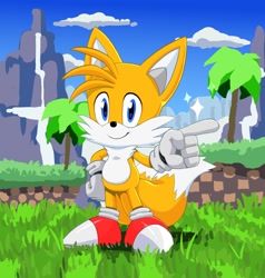 Size: 1216x1280 | Tagged: safe, artist:diacordst, miles "tails" prower (sonic), canine, fox, mammal, red fox, anthro, sega, sonic the hedgehog (series), 2019, black nose, clothes, digital art, dipstick tail, fluff, fur, gloves, hair, looking at you, male, multiple tails, orange tail, shoes, smiling, smiling at you, sneakers, solo, solo male, tail, tail fluff, two tails, white tail