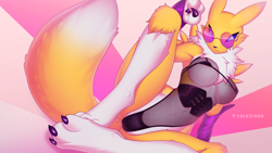 Size: 1920x1080 | Tagged: suggestive, artist:valkoinen, fictional species, renamon, anthro, digimon, 16:9, 2020, breasts, chest fluff, claws, ears, female, fluff, paws, solo, solo female, tail, wallpaper