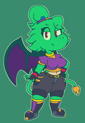 Size: 770x1119 | Tagged: safe, artist:meirdent, oc, oc only, oc:arrow the dragon (spdy4), dragon, fictional species, anthro, belly button, belt, boots, bottomwear, breasts, clothes, commission, crop top, dragoness, female, green background, hand on hip, lidded eyes, looking at you, red eyes, shirt, shoes, simple background, smirk, solo, solo female, tail, topwear, wings