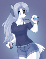 Size: 1394x1800 | Tagged: safe, artist:puetsua, oc, oc only, oc:gin (puetsua), canine, fox, mammal, anthro, nintendo, nintendo switch, 2021, blue eyes, bottomwear, clothes, controller, digital art, female, fur, gray body, gray fur, gray hair, hair, looking at you, multicolored hair, shirt, shorts, smiling, smiling at you, solo, solo female, tail, topwear, vixen, white body, white fur