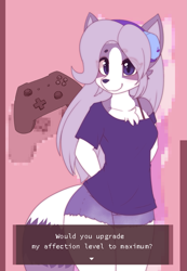 Size: 1335x1934 | Tagged: safe, artist:puetsua, oc, oc only, oc:gin (puetsua), canine, fox, mammal, anthro, 2021, blue eyes, bottomwear, chest fluff, clothes, controller, cute, dialogue, digital art, english text, eye through hair, female, fluff, fur, gray body, gray fur, gray hair, hair, headphones, holiday, looking at you, multicolored hair, ocbetes, shirt, shorts, smiling, smiling at you, solo, solo female, tail, talking, text, topwear, valentine's day, vixen, white body, white fur