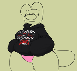 Size: 859x797 | Tagged: safe, artist:onetiredbear, oc, oc only, oc:mizu (onetiredbear), beaver, mammal, rodent, anthro, breasts, clothes, female, gamer, hands in pockets, lidded eyes, panties, partial color, slightly chubby, solo, solo female, sweater, tail, tan background, text, text on clothing, text on topwear, thick thighs, thighs, topwear, underwear
