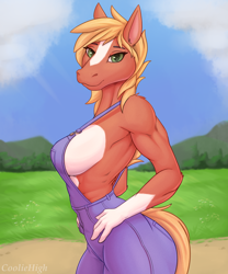 Size: 1250x1500 | Tagged: suggestive, artist:cooliehigh, oc, oc only, oc:bailey, equine, horse, mammal, anthro, 2019, big breasts, blaze (coat marking), blonde hair, blonde tail, breasts, female, fur, green eyes, hair, looking at you, mare, scenery, scenery porn, side view, sideboob, sitting, solo, solo female, standing, tail, two toned body