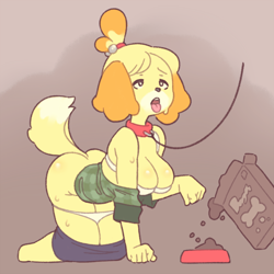 Size: 800x800 | Tagged: suggestive, artist:annue-art, isabelle (animal crossing), canine, dog, mammal, anthro, plantigrade anthro, animal crossing, nintendo, breasts, cleavage, clothes, collar, female, food bowl, kneeling, leash, looking up, offscreen character, open mouth, panties, pants, pants pulled down, solo, solo female, submissive, submissive female, tongue, tongue out, underwear