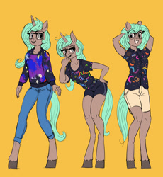 Size: 1280x1391 | Tagged: safe, artist:toisanemoif, equine, fictional species, mammal, pony, unicorn, anthro, unguligrade anthro, 90s, bottomwear, clothes, female, glasses, grin, hooves, jeans, lidded eyes, looking at you, pants, shirt, shorts, smiling, topwear