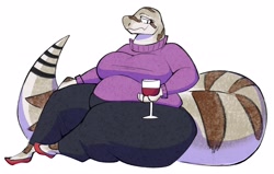 Size: 2910x1853 | Tagged: safe, artist:aimbotjones, reptile, snake, anthro, plantigrade anthro, alcohol, brown body, digital art, drink, fat, female, glass, mature, mature female, multicolored body, obese, simple background, sitting, smiling, solo, solo female, tail, white background, wine, wine glass