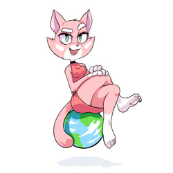Size: 1200x1200 | Tagged: safe, artist:plague of gripes, cat, feline, mammal, anthro, digitigrade anthro, 2016, barefoot, choker, clothes, crossed legs, dress, earth, eyebrows, female, looking at you, macro, open mouth, planet, raised eyebrow, shima (super planet dolan), simple background, sitting, smiling, solo, solo female, super planet dolan, tail, white background