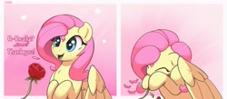Size: 4096x1788 | Tagged: safe, artist:nookprint, fluttershy (mlp), equine, fictional species, mammal, pegasus, pony, feral, friendship is magic, hasbro, my little pony, 2021, comic, cute, dialogue, eating, english, eyes closed, feathered wings, feathers, female, flower, food, happy, mare, nom, offscreen character, open mouth, open smile, rose, smiling, solo, solo female, tail, talking, wings