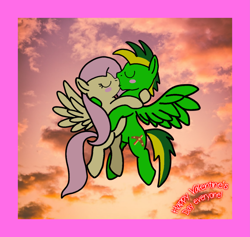 Size: 6281x5961 | Tagged: dead source, safe, artist:mrstheartist, fluttershy (mlp), canon x oc, oc, oc:didgeree, equine, fictional species, mammal, pegasus, pony, feral, friendship is magic, hasbro, my little pony, absurd resolution, base used, digital art, duo, female, flutterdidge (mlp/oc), holiday, kissing, male, male/female, mare, shipping, stallion, sunset, valentine's day