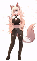 Size: 1280x2097 | Tagged: safe, artist:kymmafox, oc, oc only, oc:kymma, canine, fox, mammal, anthro, plantigrade anthro, 2020, breasts, cleavage, clothes, coat, crop top, deviantart watermark, dipstick ears, ear fluff, female, fluff, jeans, midriff, obtrusive watermark, open mouth, pants, ripped jeans, ripped pants, simple background, solo, solo female, tail, topwear, torn clothes, vixen, watermark, white background