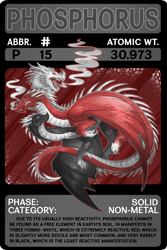 Size: 1800x2700 | Tagged: safe, artist:lucieniibi, part of a set, dragon, fictional species, hydra, reptile, feral, series:scygons, allotrope, ambiguous gender, black phosphorus, english text, multiple heads, open mouth, periodic table, phosphorus, red phosphorus, sharp teeth, smoke, solo, solo ambiguous, tail, teeth, three heads, tongue, white phosphorus, wings