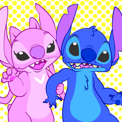 Size: 576x576 | Tagged: safe, artist:harara, angel (lilo & stitch), stitch (lilo & stitch), alien, experiment (lilo & stitch), fictional species, semi-anthro, disney, lilo & stitch, 2014, 4 fingers, antennae, black eyes, blue body, blue claws, blue fur, blue nose, chest fluff, chest marking, claws, digital art, duo, duo male and female, ears, eyelashes, female, flat colors, fluff, fur, head fluff, long antennae, looking at you, male, purple claws, purple nose, shaka, silly face, torn ear