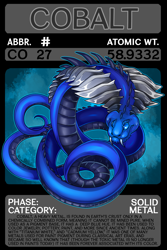 Size: 1800x2700 | Tagged: safe, artist:lucieniibi, part of a set, cobra, dragon, fictional species, reptile, snake, wingless dragon, feral, series:scygons, blue scales, cobalt, english text, fangs, male, periodic table, scales, sharp teeth, snake tail, solo, solo male, tail, teeth