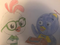 Size: 1280x960 | Tagged: safe, artist:cianablue, ace cluck (chicken little), pablo (the backyardigans), bird, chicken, galliform, penguin, anthro, semi-anthro, chicken little (2005), disney, nickelodeon, the backyardigans, 2d, blue feathers, crossover, duo, duo male, feathers, male, males only, traditional art, white feathers
