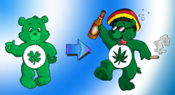 Size: 1399x763 | Tagged: safe, artist:drchrissy, good luck bear (care bears), bear, fictional species, mammal, semi-anthro, care bears, care bear, cigar, fur, green body, green fur, male, paw pads, paws, solo, solo male