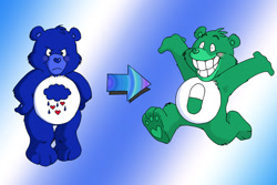 Size: 1215x810 | Tagged: safe, artist:drchrissy, grumpy bear (care bears), bear, fictional species, mammal, semi-anthro, care bears, blue body, blue fur, care bear, fur, green body, green fur, looking at you, male, paw pads, paws, solo, solo male