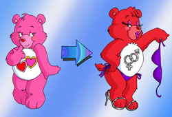 Size: 1352x918 | Tagged: suggestive, artist:drchrissy, love-a-lot bear (care bears), bear, fictional species, mammal, semi-anthro, care bears, bikini, care bear, clothes, female, fur, lipstick, makeup, pink body, pink fur, red body, red fur, solo, solo female, swimsuit