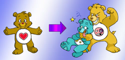 Size: 1024x493 | Tagged: safe, artist:drchrissy, bear, fictional species, mammal, semi-anthro, care bears, abuse, blue body, blue fur, brown body, brown fur, bullying, care bear, duo, duo male, fur, male, males only, paw pads, paws, tenderheart bear (care bears), yellow body, yellow fur